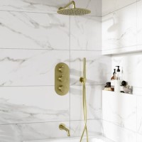 Brushed Brass Triple Outlet Wall Mounted Thermostatic Mixer Shower Set With Hand Shower and Bath Filler Spout - Arissa Brushed Brass Triple Outlet Wall Mounted Thermostatic Mixer Shower Set With Hand Shower and Bath Filler Spout - Arissa