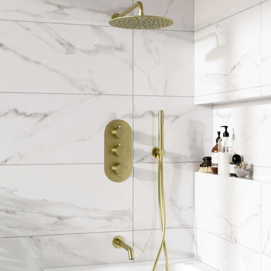 Brushed Brass Triple Outlet Wall Mounted Thermostatic Mixer Shower Set With Hand Shower and Bath Filler Spout - Arissa