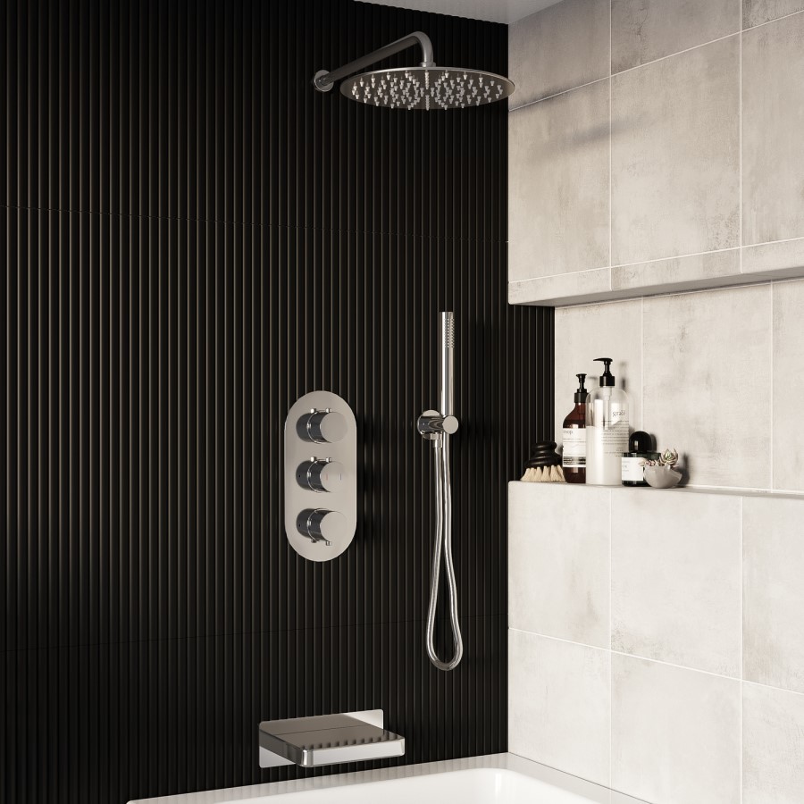 Chrome 3 Outlet Wall Mounted Thermostatic Mixer Shower Set With Hand Shower and Bath Filler Spout - Arissa