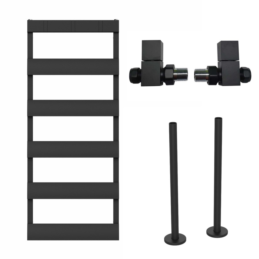 Black Towel Radiator 1200 x 500mm with Hooks, Pipe Kit and Straight Valves - Arizona