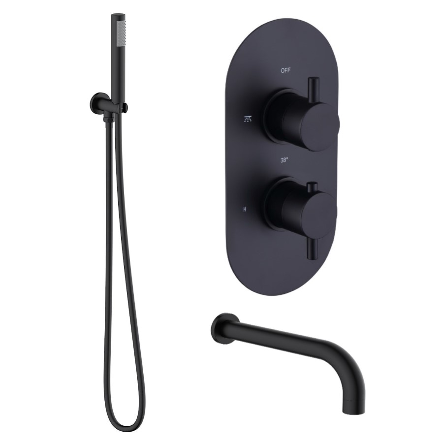 Black 2 Outlet Thermostatic Bath Mixer Shower Set With Hand Shower and Bath Filler Spout - Arissa