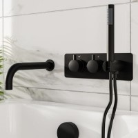 Black 2 Outlet Thermostatic Bath Mixer Shower Set With Hand Shower and Bath Filler Spout - Arissa Black 2 Outlet Thermostatic Bath Mixer Shower Set With Hand Shower and Bath Filler Spout - Arissa
