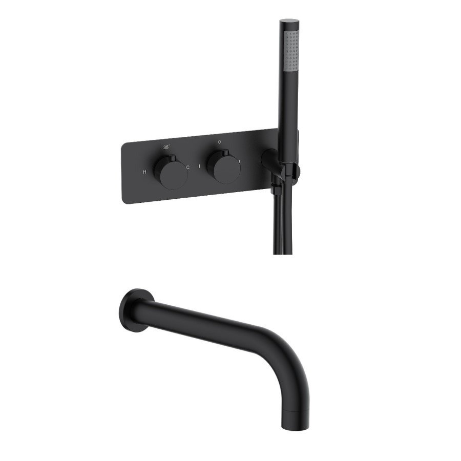Black 2 Outlet Thermostatic Bath Mixer Shower Set With Hand Shower and Bath Filler Spout - Arissa