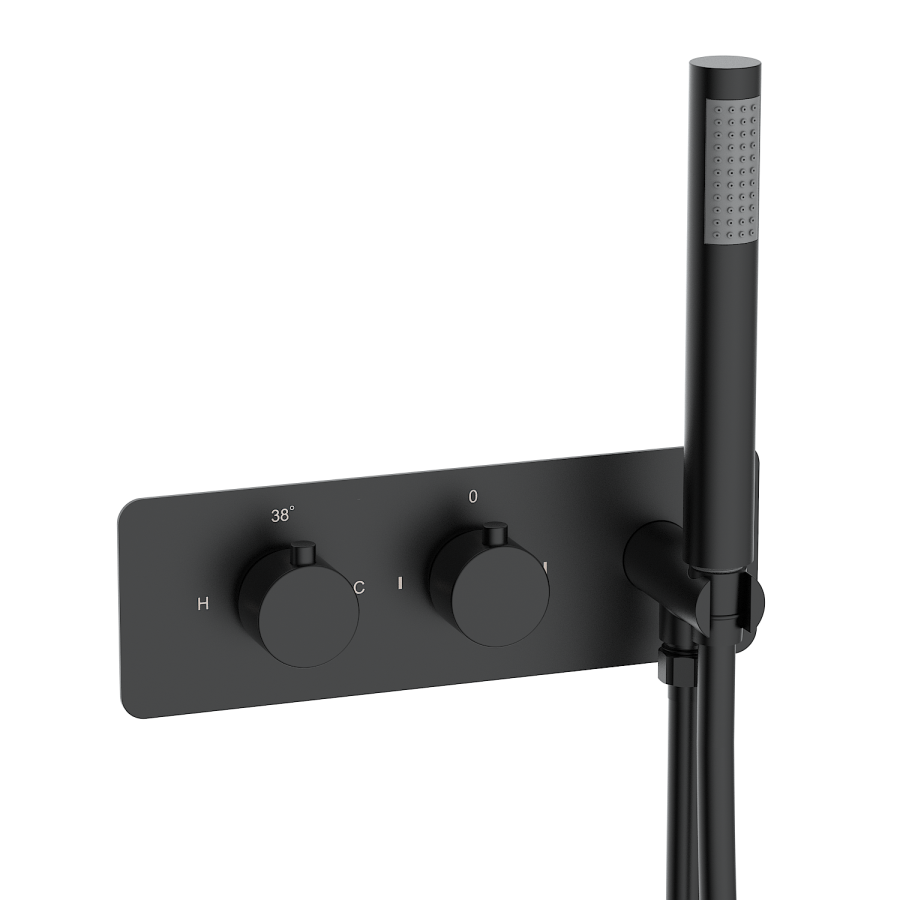 Black 2 Outlet Thermostatic Bath Mixer Shower Set With Hand Shower and Bath Filler Spout - Arissa