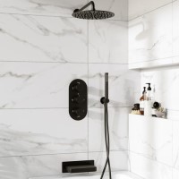 Black 3 Outlet Wall Mounted Thermostatic Mixer Shower Set With Hand Shower and Bath Filler Spout - Arissa Black 3 Outlet Wall Mounted Thermostatic Mixer Shower Set With Hand Shower and Bath Filler Spout - Arissa