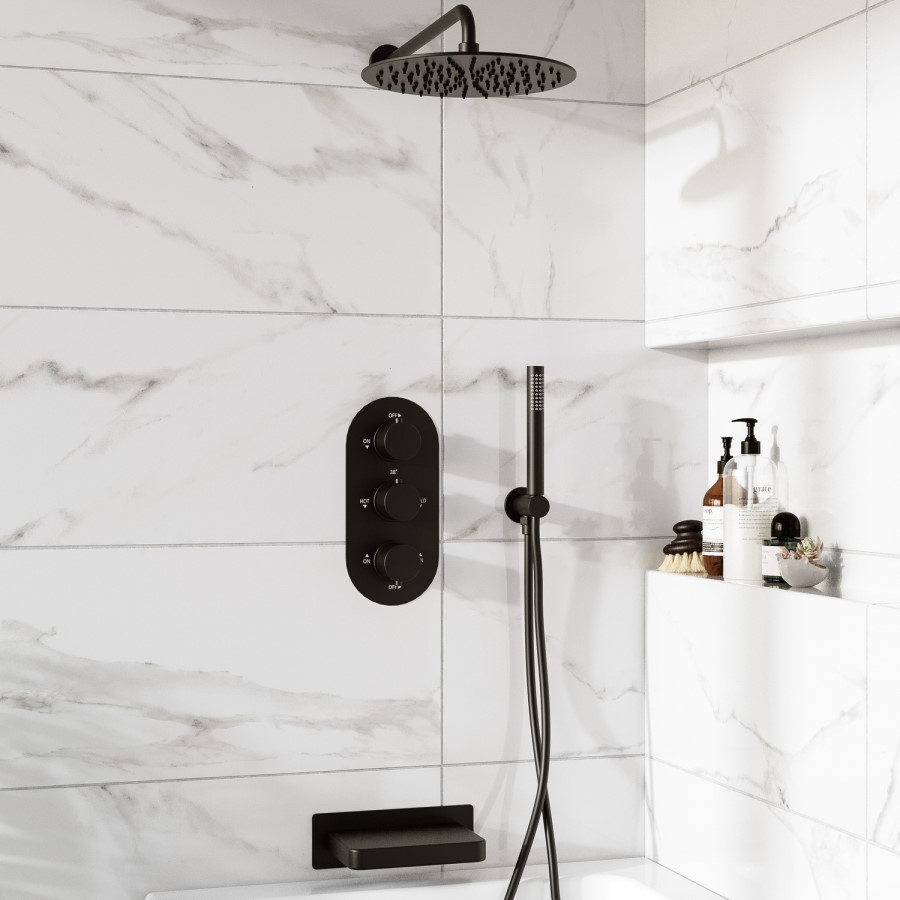 Black 3 Outlet Wall Mounted Thermostatic Mixer Shower Set With Hand Shower and Bath Filler Spout - Arissa