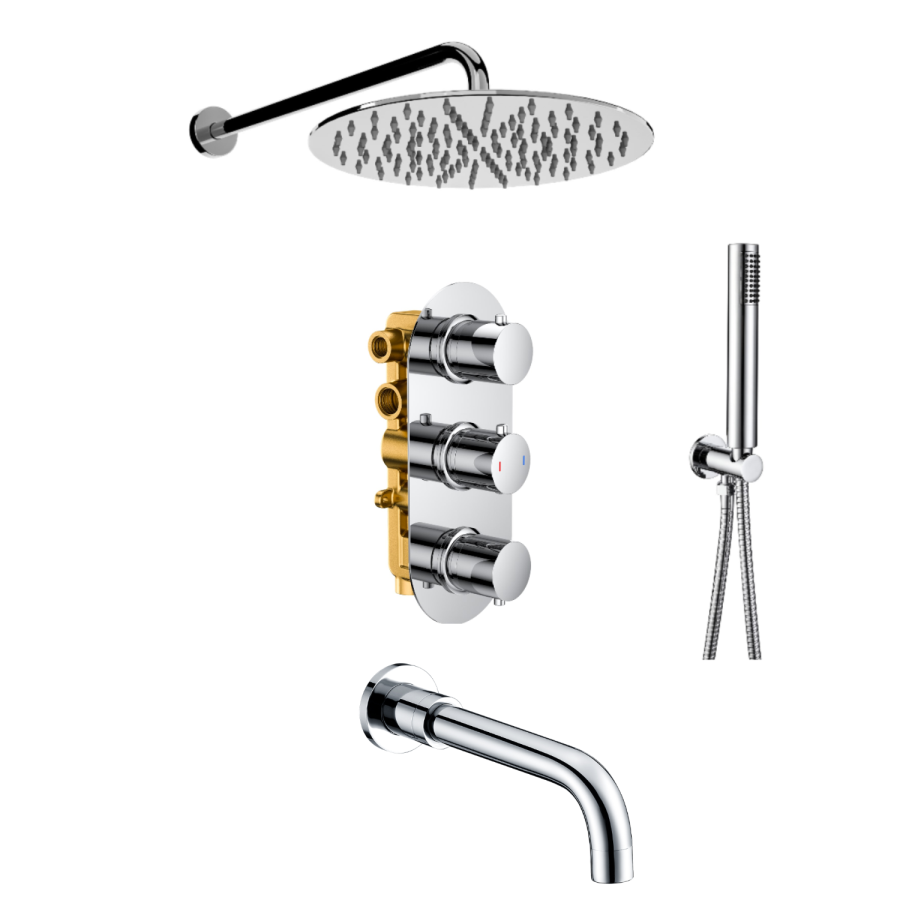 Chrome 2 Outlet  Wall Mounted Thermostatic Mixer Shower Set With Hand Shower and Pencil Bath Filler Spout - Arissa