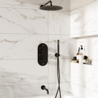 Black 3 Outlet Wall Mounted Thermostatic Mixer Shower Set With Hand Shower and Bath Filler Spout - Arissa Black 3 Outlet Wall Mounted Thermostatic Mixer Shower Set With Hand Shower and Bath Filler Spout - Arissa