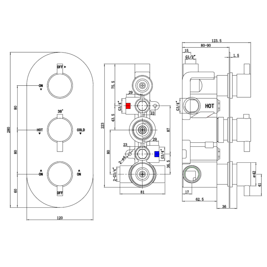 Black 3 Outlet Wall Mounted Thermostatic Mixer Shower Set With Hand Shower and Bath Filler Spout - Arissa