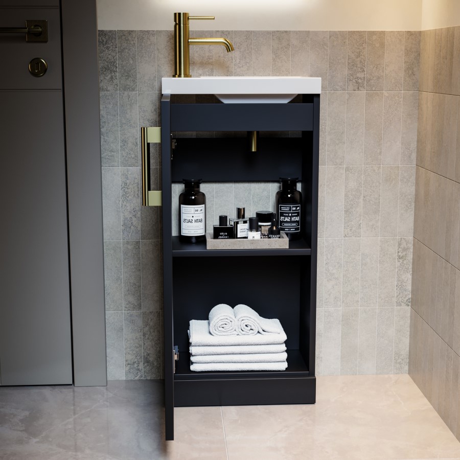 400mm Black Freestanding Cloakroom Vanity Unit with Basin and Brass Handle - Ashford
