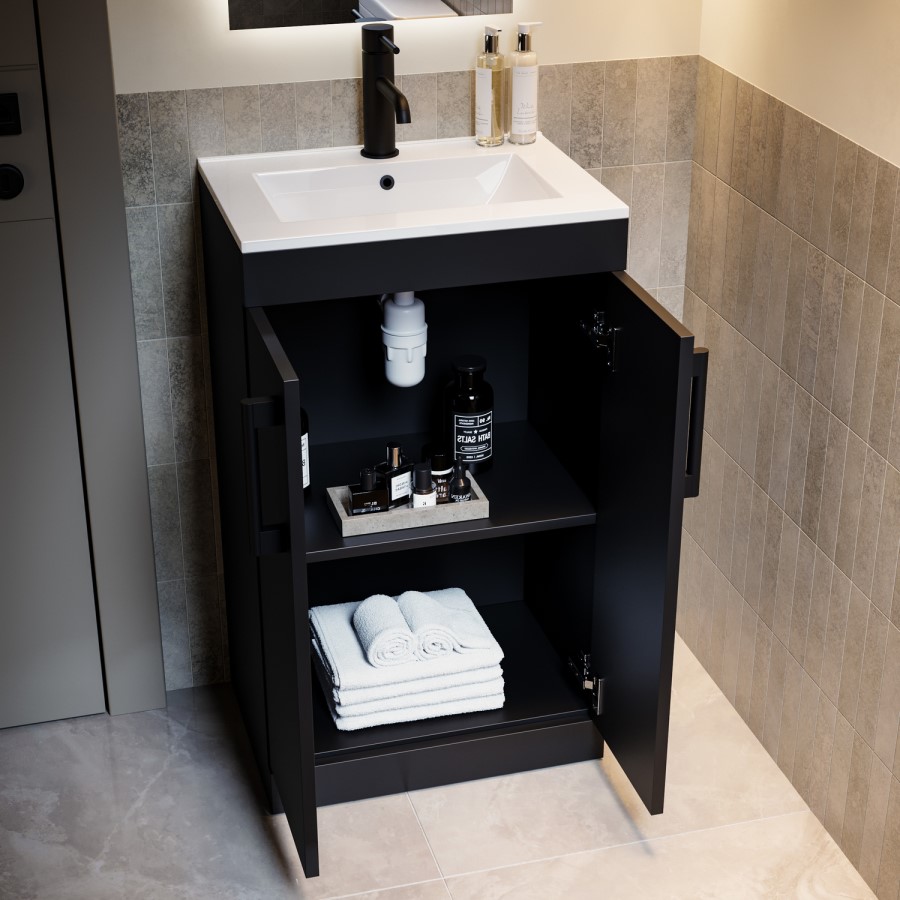 500mm Black Freestanding Cloakroom Vanity Unit with Basin and Black Handles - Ashford