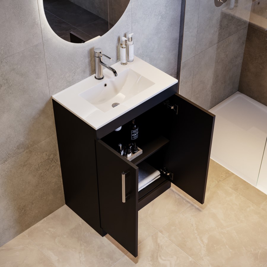600mm Black Freestanding Vanity Unit with Basin and Chrome Handles - Ashford