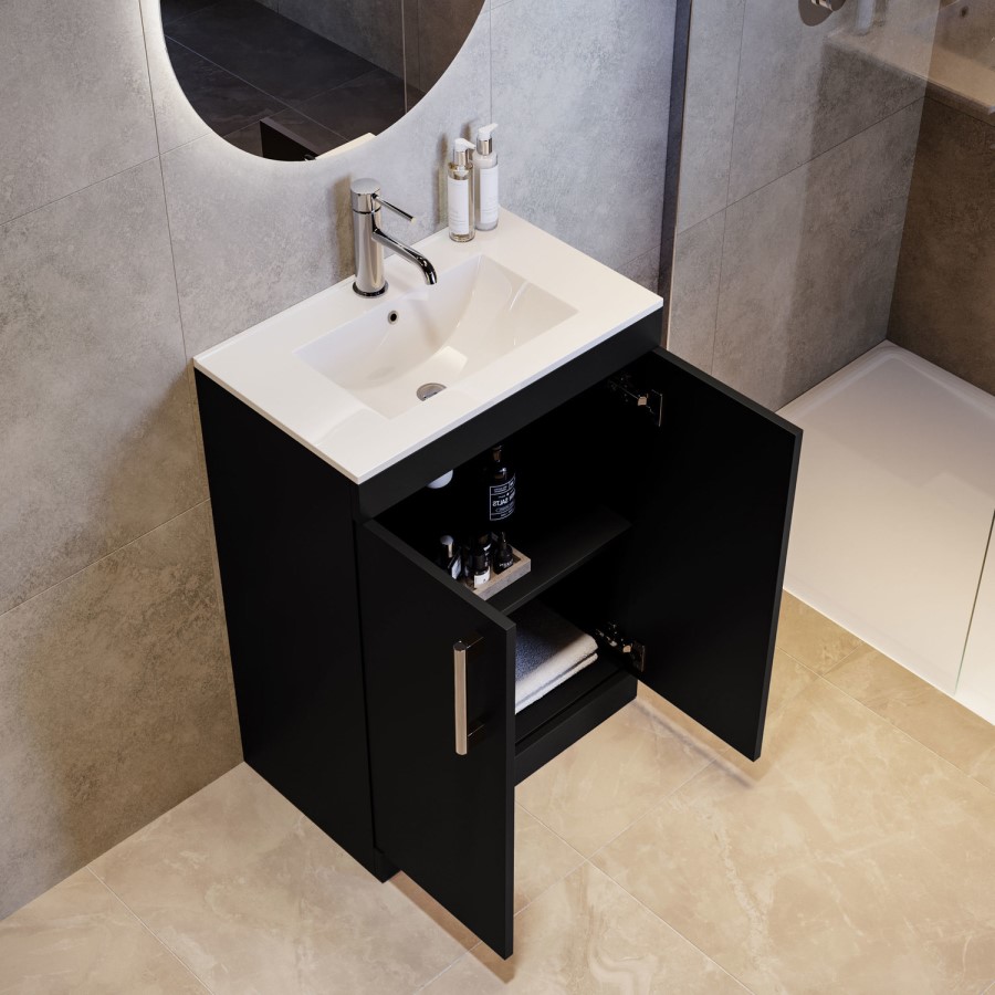 600mm Black Freestanding Vanity Unit with Basin and Chrome Handles - Ashford