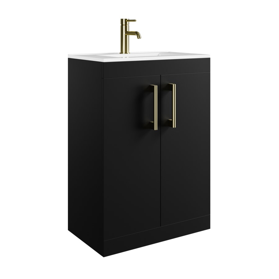 600mm Black Freestanding Vanity Unit with Basin and Brass Handles - Ashford