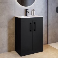 600mm Black Freestanding Vanity Unit with Basin and Black Handles - Ashford