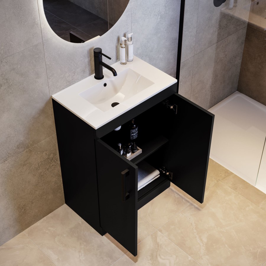 600mm Black Freestanding Vanity Unit with Basin and Black Handles - Ashford