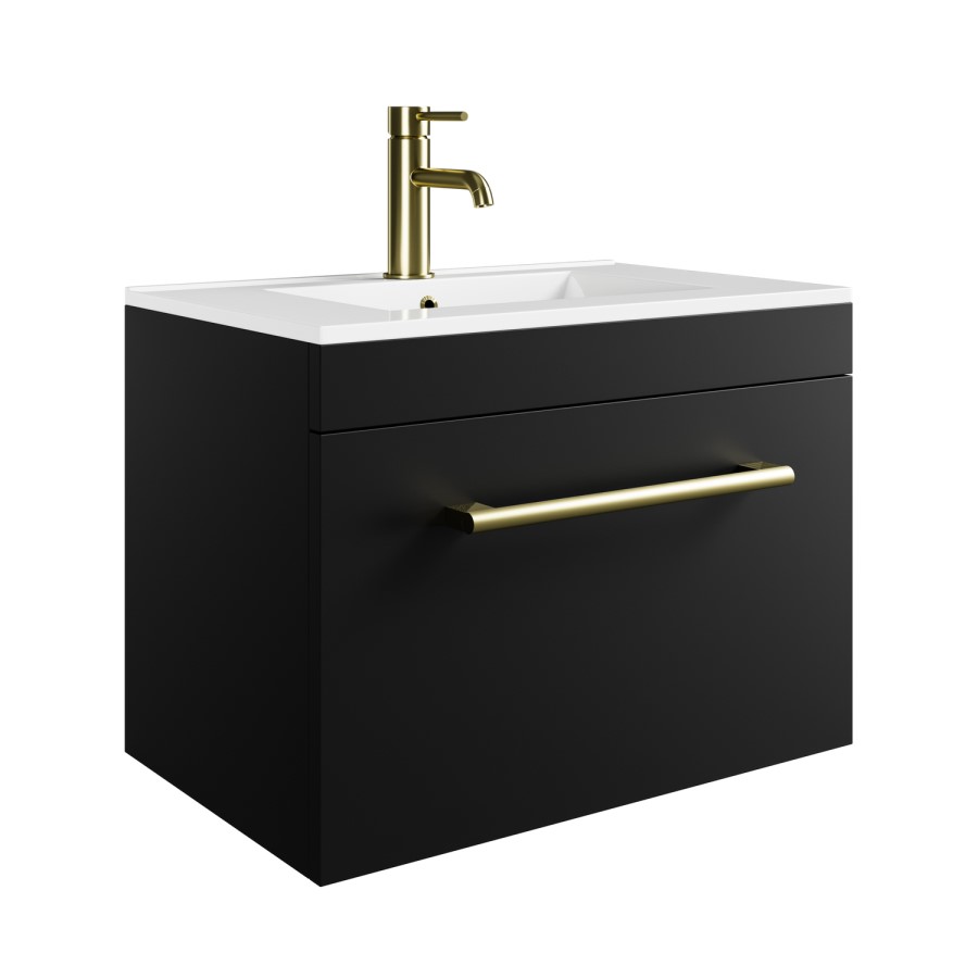 600mm Black Wall Hung Vanity Unit with Basin and Brass Handle - Ashford