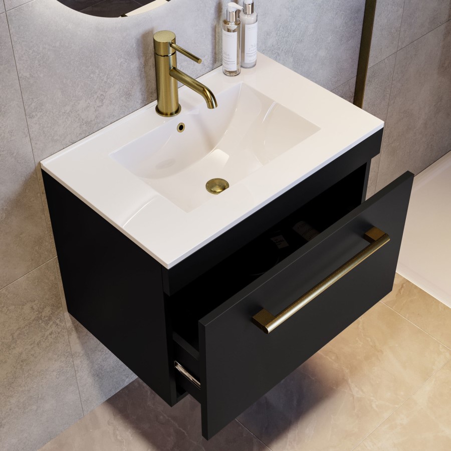 600mm Black Wall Hung Vanity Unit with Basin and Brass Handle - Ashford