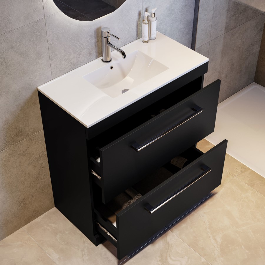 800mm Black Freestanding Vanity Unit with Basin and Chrome Handles - Ashford