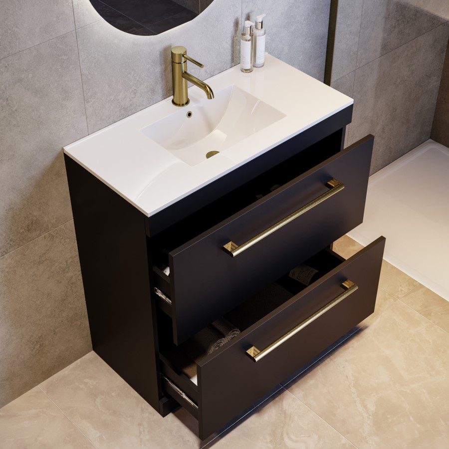 800mm Black Freestanding Vanity Unit with Basin and Brass Handles - Ashford