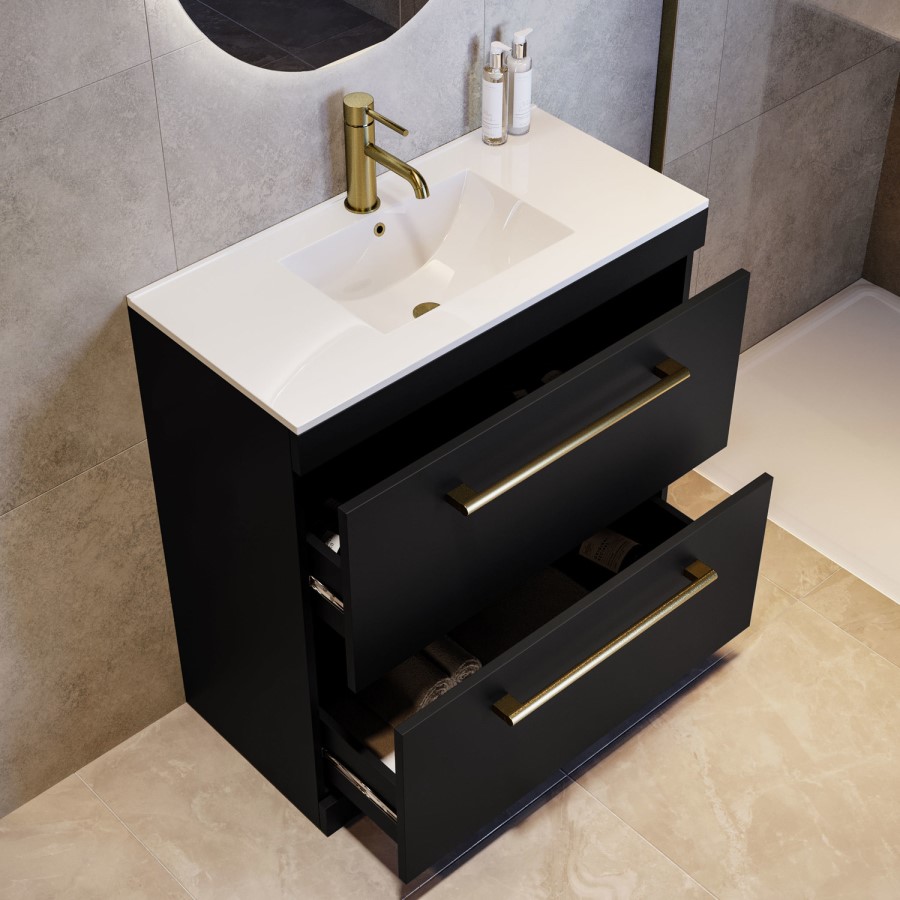 800mm Black Freestanding Vanity Unit with Basin and Brass Handles - Ashford