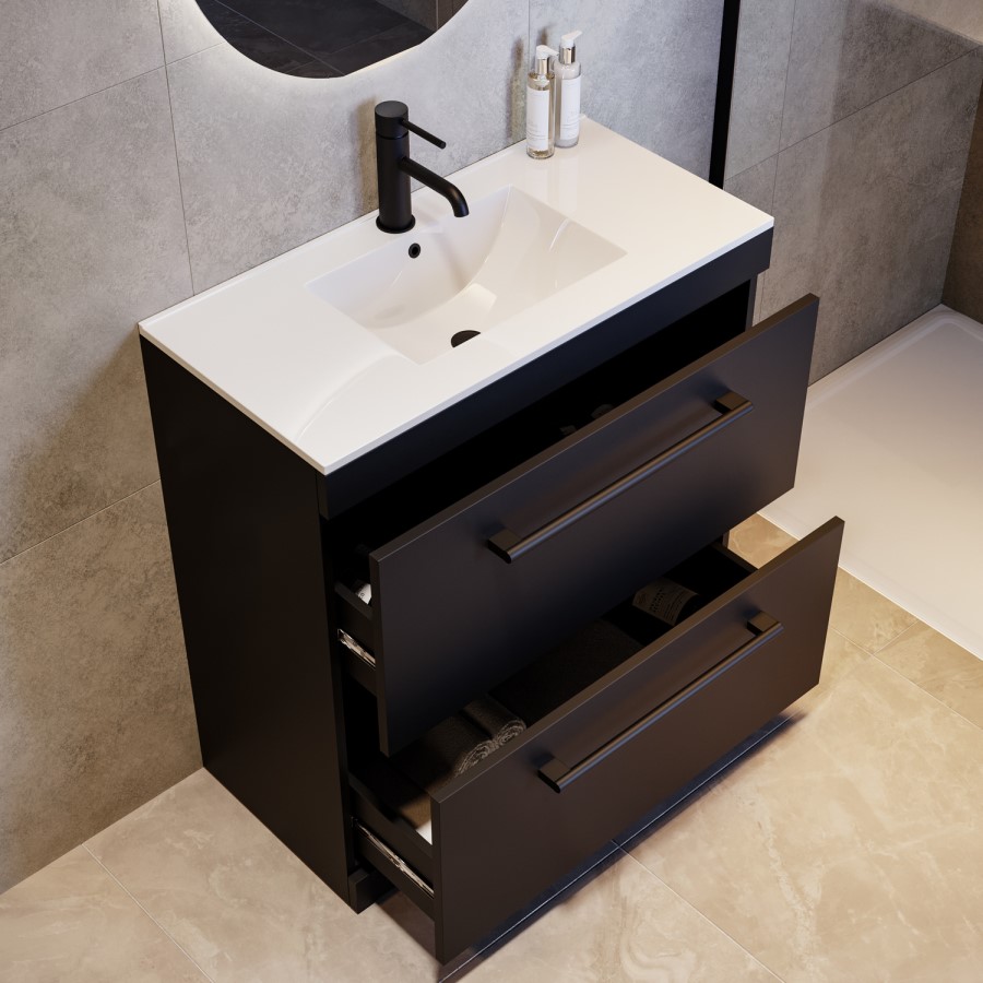 800mm Black Freestanding Vanity Unit with Basin and Black Handles - Ashford