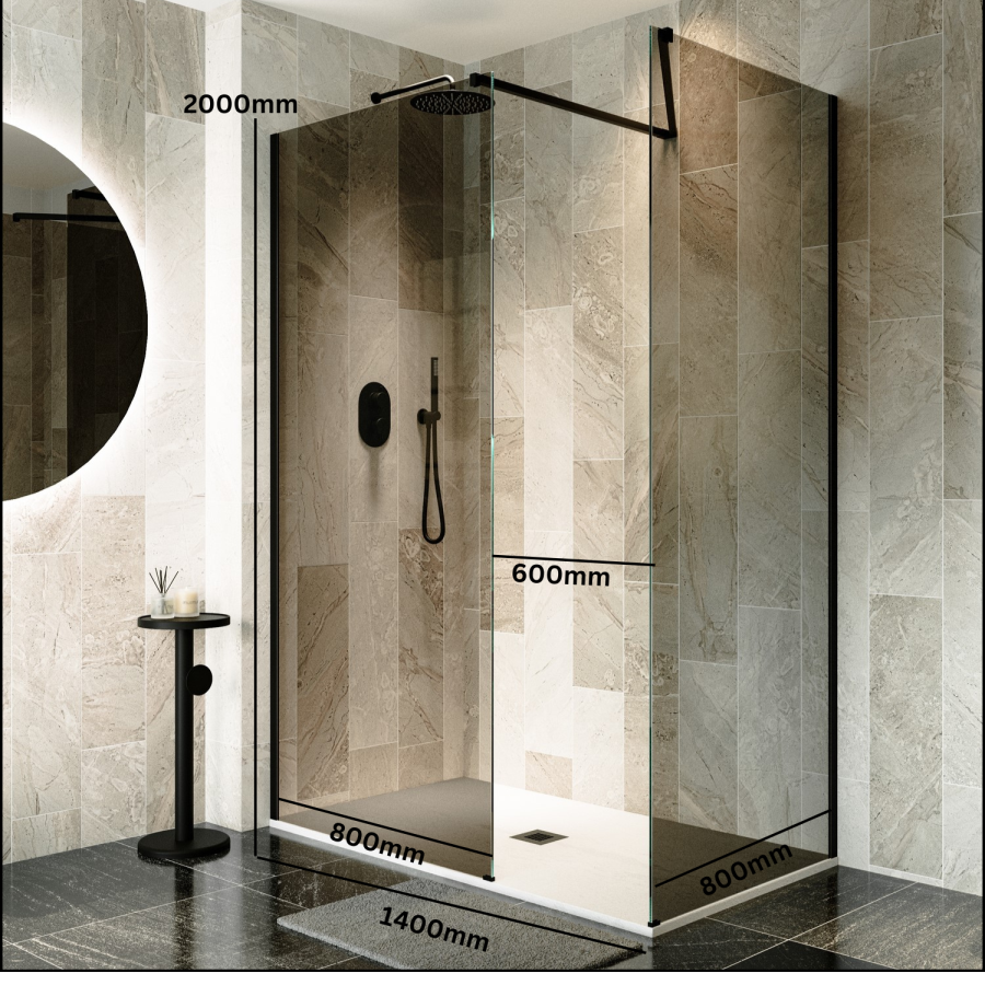 1400x800mm Black Smoked Glass Shower Enclosure for Wet Room & Walk In Shower - Atlas
