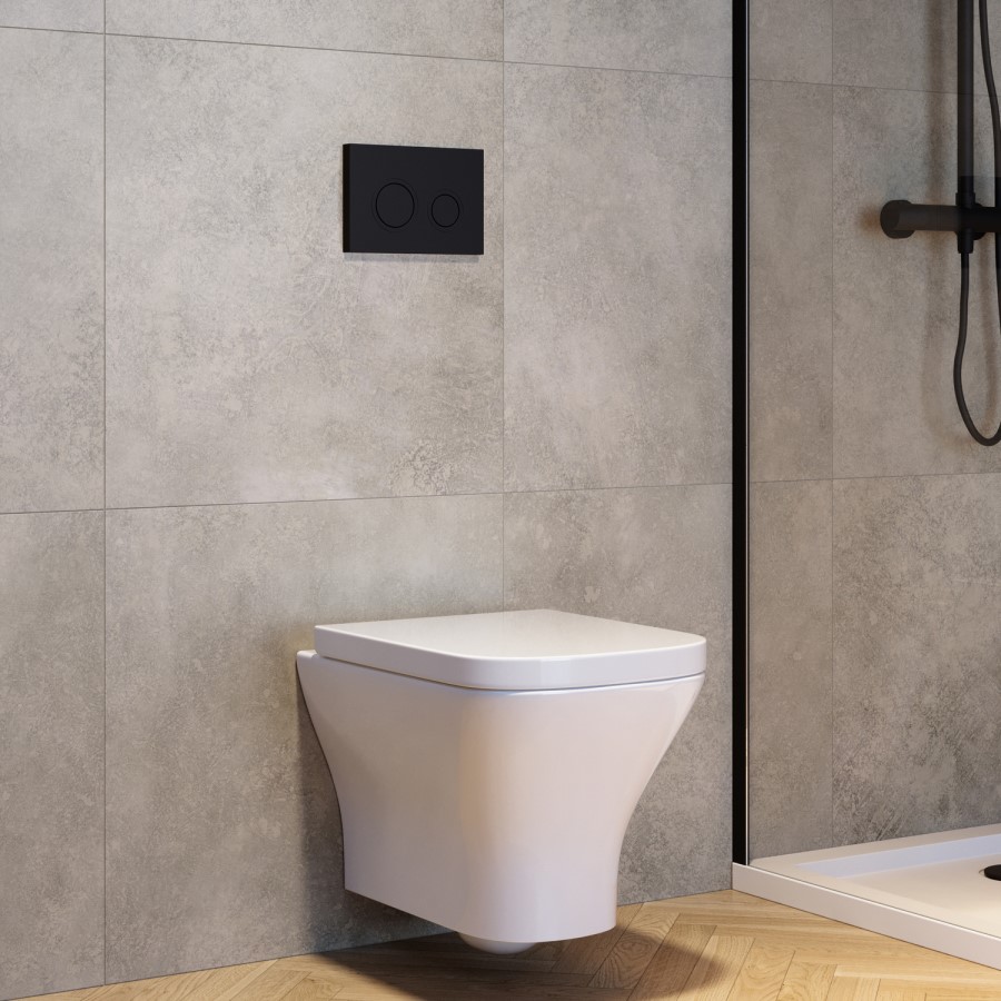 Wall Hung Rimless Toilet with Soft Close Seat, Black Mechanical Flush Plate, 1160mm Frame & Cistern - Austin