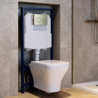 Wall Hung Rimless Toilet with Soft Close Seat, Brushed Brass Mechanical Flush Plate, 1160mm Frame & Cistern - Austin