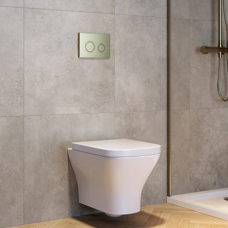 Wall Hung Rimless Toilet with Soft Close Seat, Brushed Brass Mechanical Flush Plate, 1160mm Frame & Cistern - Austin