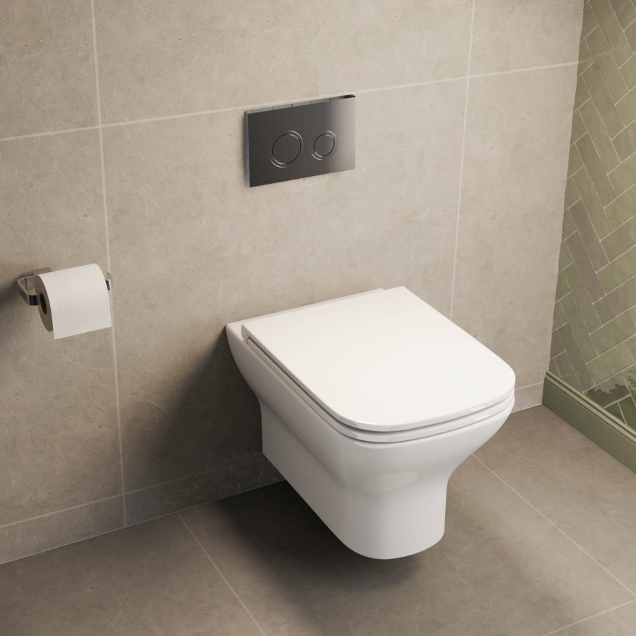Wall Hung Rimless Toilet with Soft Close Seat, Chrome Mechanical Flush Plate, 1168mm Frame & Cistern – Palma