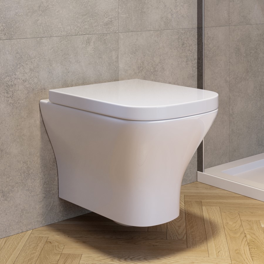 Wall Hung Rimless Toilet with Soft Close Seat, Chrome Pneumatic Flush Plate, 820mm Frame & Cistern - Austin