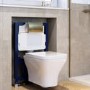 Wall Hung Rimless Toilet with Soft Close Seat, Brushed Brass Pneumatic Flush Plate, 820mm Frame & Cistern - Austin