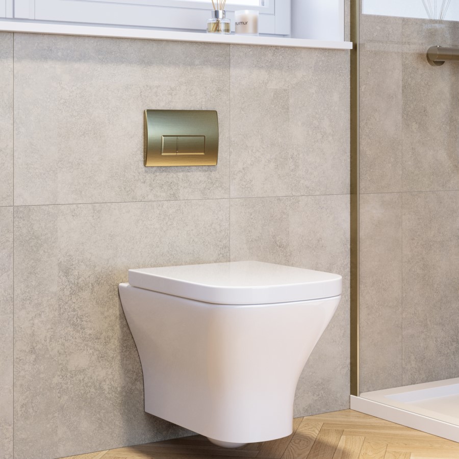 Wall Hung Rimless Toilet with Soft Close Seat, Brushed Brass Pneumatic Flush Plate, 820mm Frame & Cistern - Austin