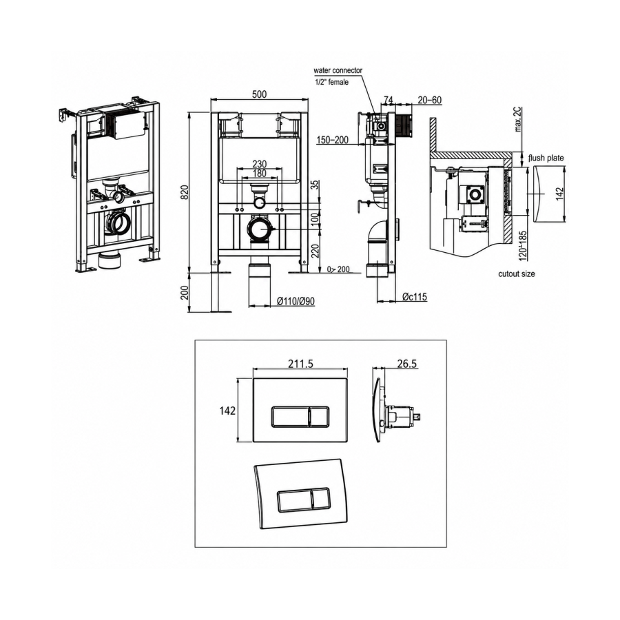 Wall Hung Rimless Toilet with Soft Close Seat, Black Glass Pneumatic Flush Plate, 820mm Frame & Cistern - Austin