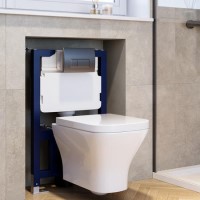 Wall Hung Rimless Toilet with Soft Close Seat, Gunmetal Grey Pneumatic Flush Plate, 820mm Frame & Cistern - Austin