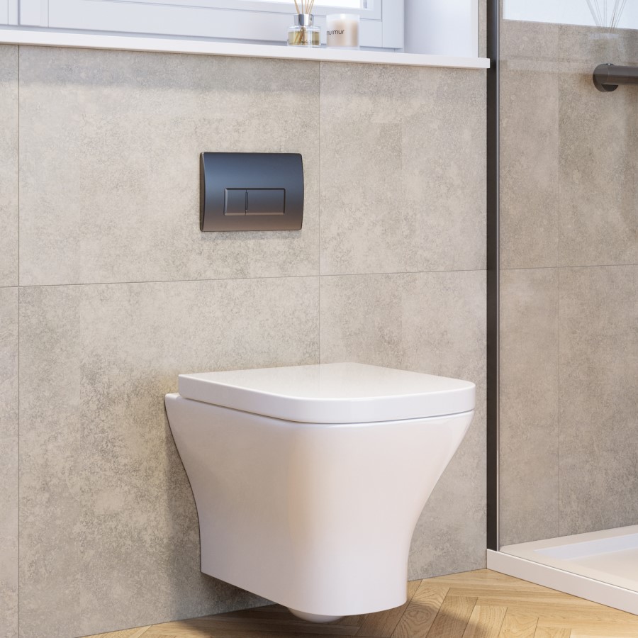 Wall Hung Rimless Toilet with Soft Close Seat, Gunmetal Grey Pneumatic Flush Plate, 820mm Frame & Cistern - Austin