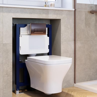 Wall Hung Rimless Toilet with Soft Close Seat, Chrome Pneumatic Flush Plate, 820mm Frame & Cistern – Roma