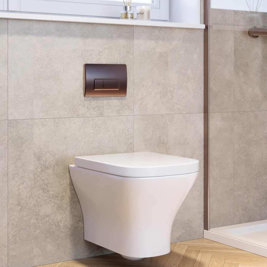 Wall Hung Rimless Toilet with Soft Close Seat, Brushed Bronze Pneumatic Flush Plate, 820mm Frame & Cistern - Austin