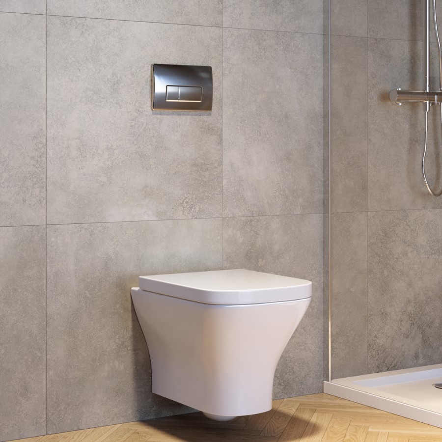 Wall Hung Rimless Toilet with Soft Close Seat, Chrome Pneumatic Flush Plate, 1160mm Frame & Cistern - Austin