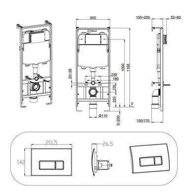 Wall Hung Rimless Toilet with Soft Close Seat, Chrome Pneumatic Flush Plate, 1168mm Frame & Cistern – Palma