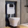 Wall Hung Rimless Toilet with Soft Close Seat, Matt Black Pneumatic Flush Plate, 1160mm Frame & Cistern - Austin