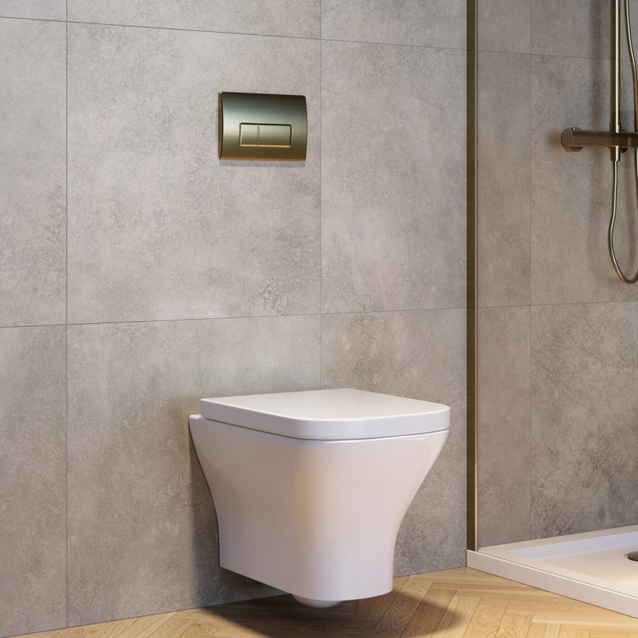 Wall Hung Rimless Toilet with Soft Close Seat, Brushed Brass Pneumatic Flush Plate, 1160mm Frame & Cistern - Austin