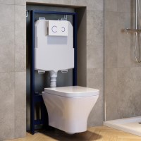 Wall Hung Rimless Toilet with Soft Close Seat, White Glass Pneumatic Flush Plate, 1160mm Frame & Cistern - Austin