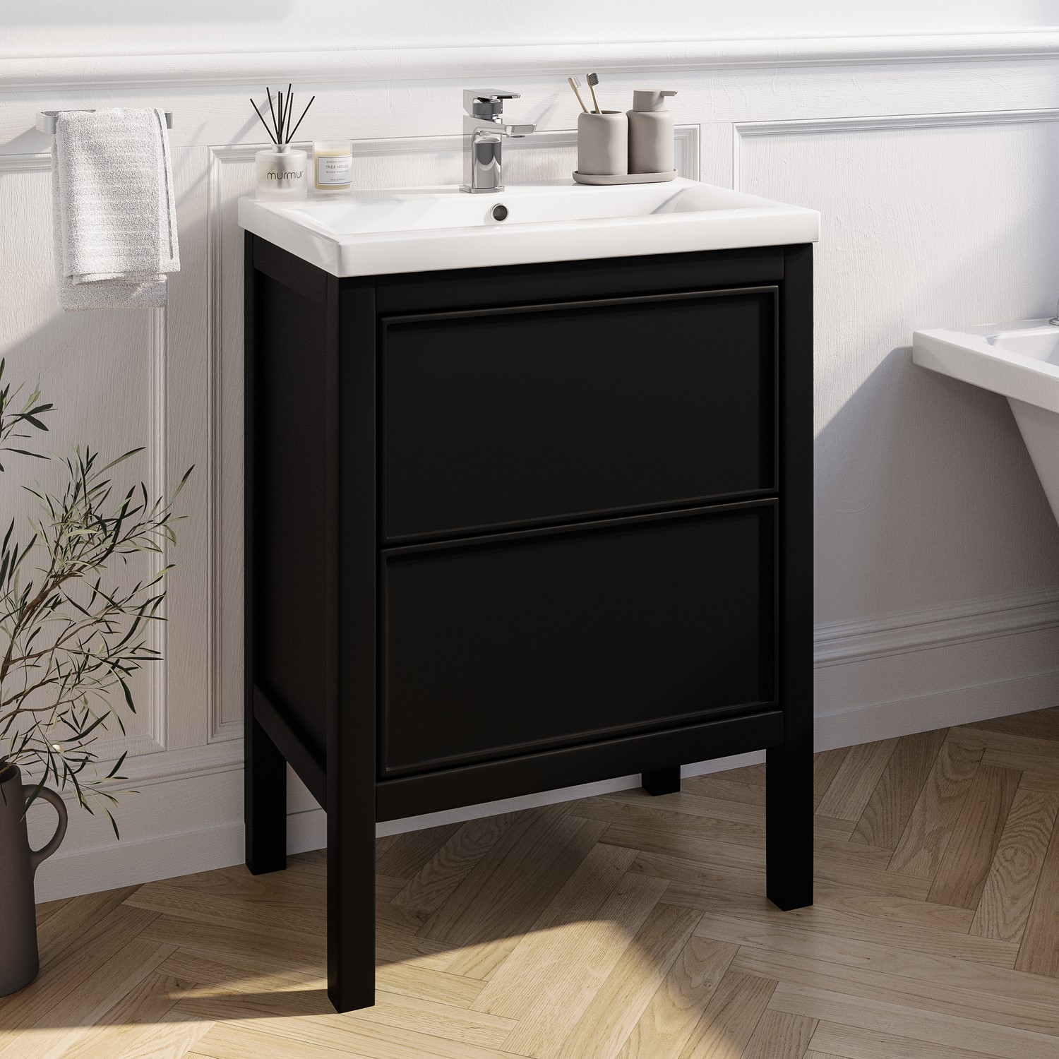 Avebury Black 600Mm Freestanding Vanity Unit With Basin