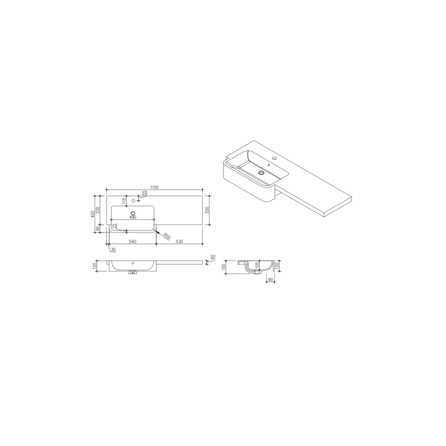 1100mm Beige Left Hand Toilet and Sink Unit with Square Toilet and Brass Fittings - Bali