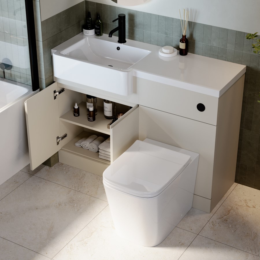 1100mm Beige Left Hand Toilet and Sink Unit with Square Toilet and Black Fittings - Bali