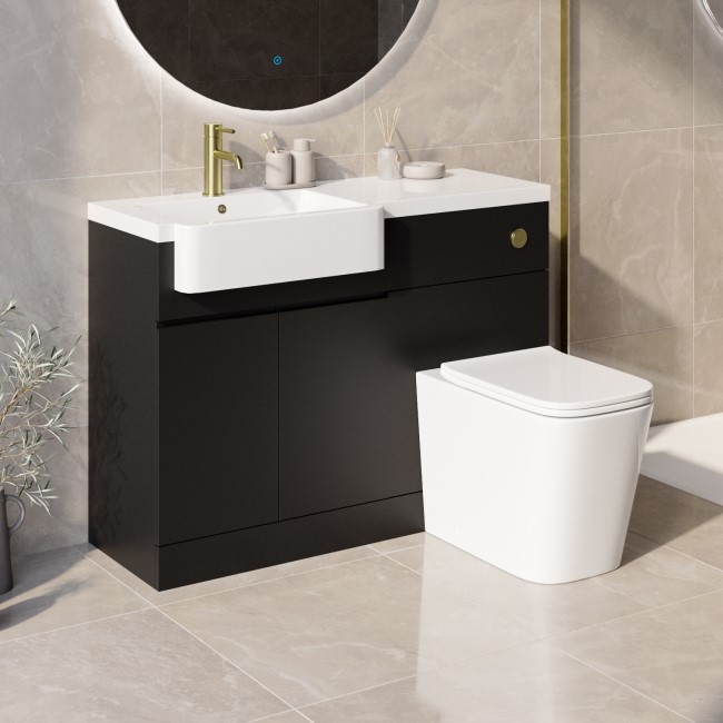 1100mm Black Toilet and Sink Unit Left Hand and Round Toilet with Brass Fittings - Bali