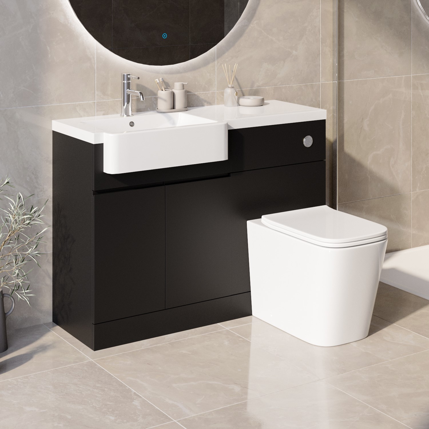 Photos - Bathroom Cabinet 1100mm Black Left Hand Toilet and Sink Unit with Square Toilet and Chrome Fittings - Bali Black BUN/BALIV600BL/89520