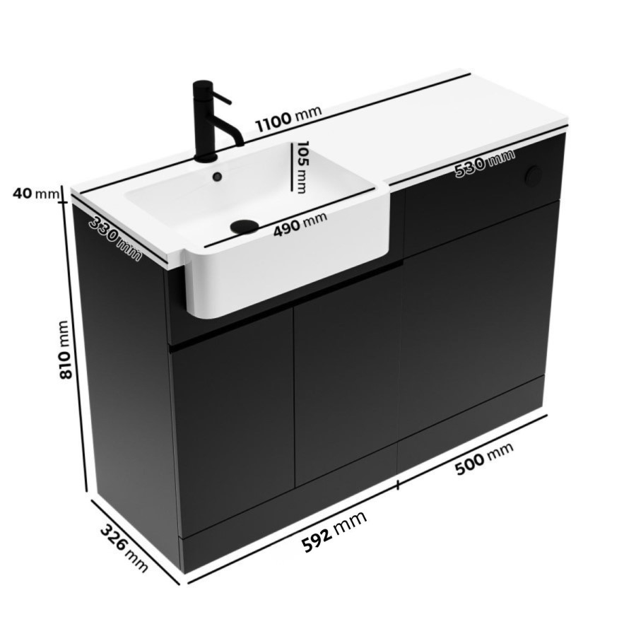 1100mm Black Left Hand Toilet and Sink Unit with Black Fittings - Unit & Basin Only - Bali